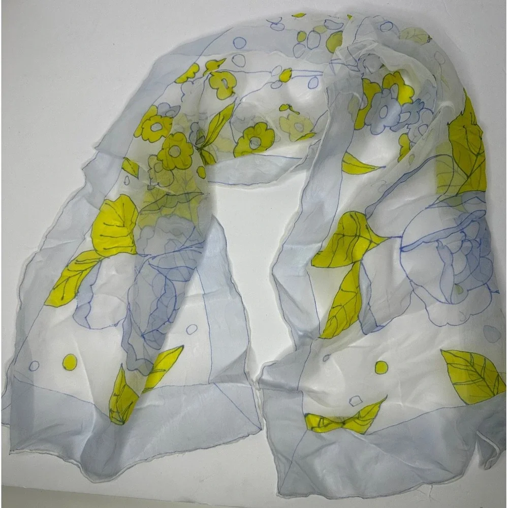 Vintage Burmel Sheer Scarf Yellow Flowers Rolled Edges Chiffon Japan